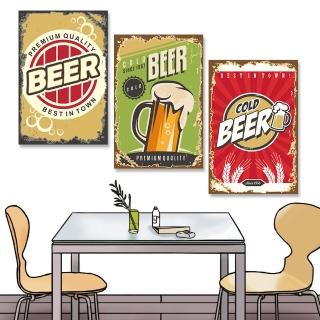 【24mama 掛畫】三聯式 油畫布 酒吧 飲料 餐廳 廣告 麥酒 乾杯 古董 派對 涼爽 無框畫-40x60cm(復古啤酒)