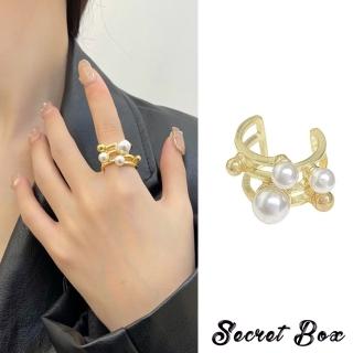 【SECRET BOX】韓國設計華麗幾何珍珠寬版開口戒(奢華風戒指 開口戒 珍珠戒 幾何戒)