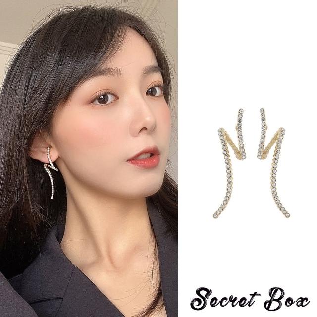 【SECRET BOX】韓國設計925銀針奢華水鑽曲線鑽條造型耳環(925銀針耳環 奢華風耳環)