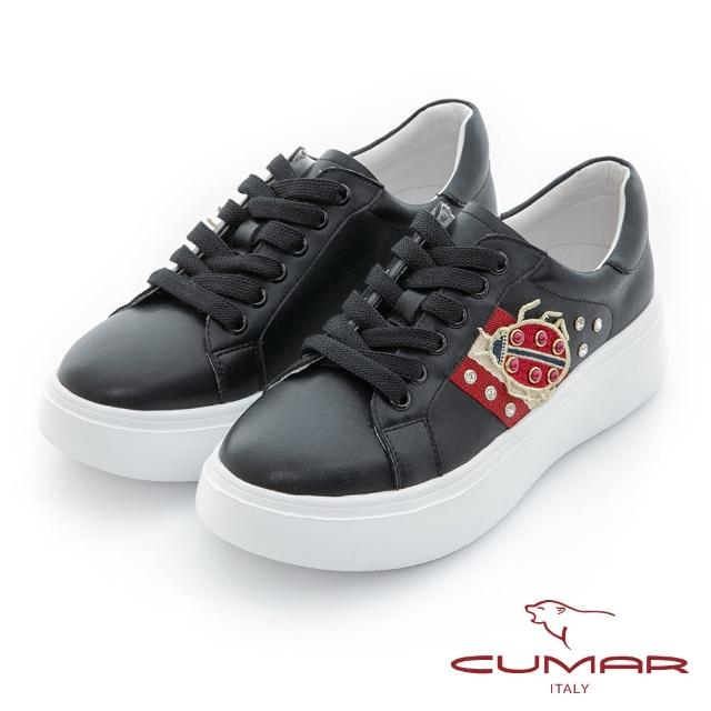 【CUMAR】小瓢蟲珍珠裝飾厚底綁帶休閒鞋(黑色)