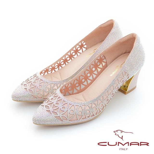 【CUMAR】水鑽鏤空金屬粗跟鞋(粉紅)