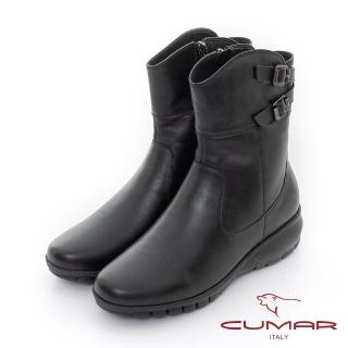 【CUMAR】後交叉皮帶釦氣墊短靴(黑色)