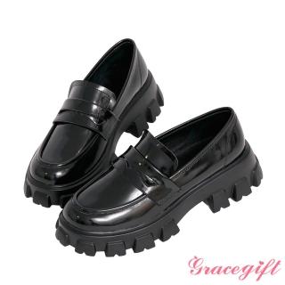 【Grace Gift】便仕輕量鋸齒厚底樂福鞋(黑漆)