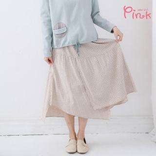 【PINK NEW GIRL】休閒格紋不對稱剪裁棉質長裙 U3607SD(米色)