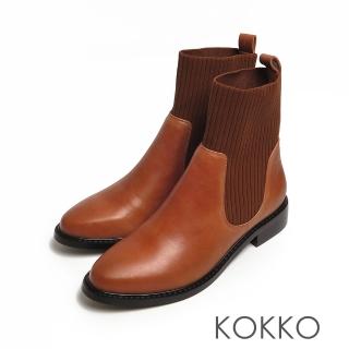 【KOKKO 集團】仿舊霧面針織彈力貼腿粗跟短襪靴(棕色)