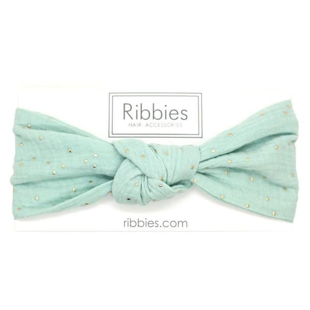 【Ribbies】兒童寬版扭結髮帶薄荷綠金點點(髮帶)