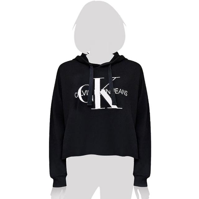 【Calvin Klein 凱文克萊】Jeans LOGO長袖短版連帽上衣-黑色(S／M／XL號)
