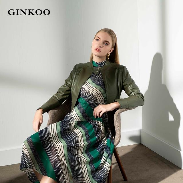 【GINKOO 俊克】復古斜條紋長袖洋裝