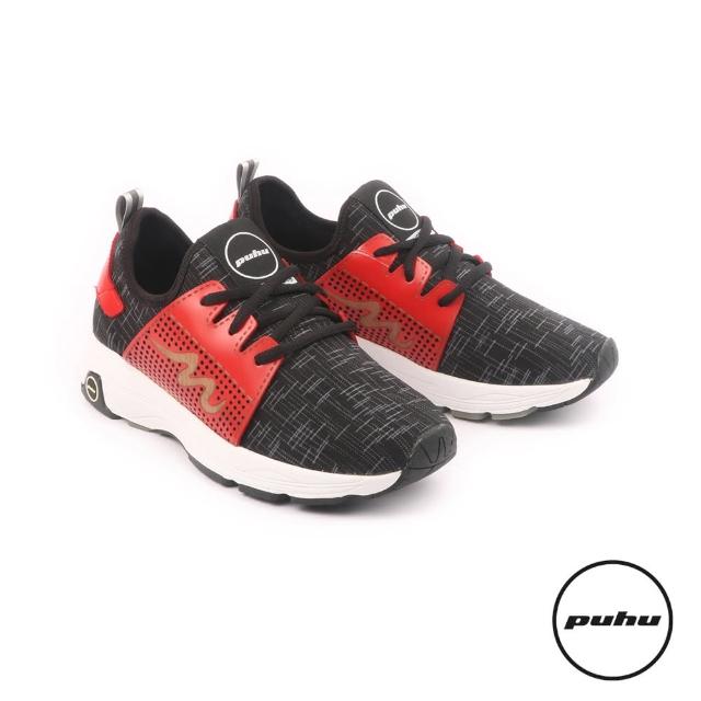 【PUHU 彪琥】彈性布輕量動能運動鞋-男款黑紅(100%MIT 輕量 透氣 支撐)