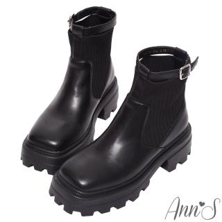 【Ann’S】流行回歸-貼腿飛織兩穿可拆扣帶厚底方頭軍靴短靴5cm(黑)