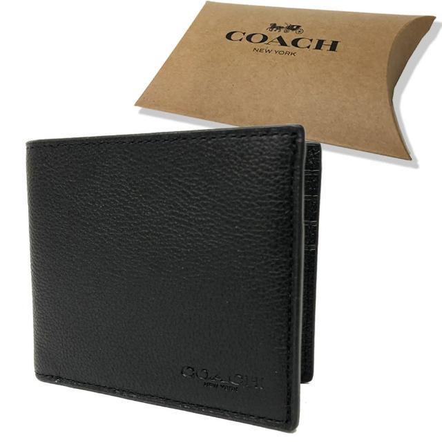 【COACH】素面牛皮LOGO 6卡證件男款輕便短夾禮盒(黑)