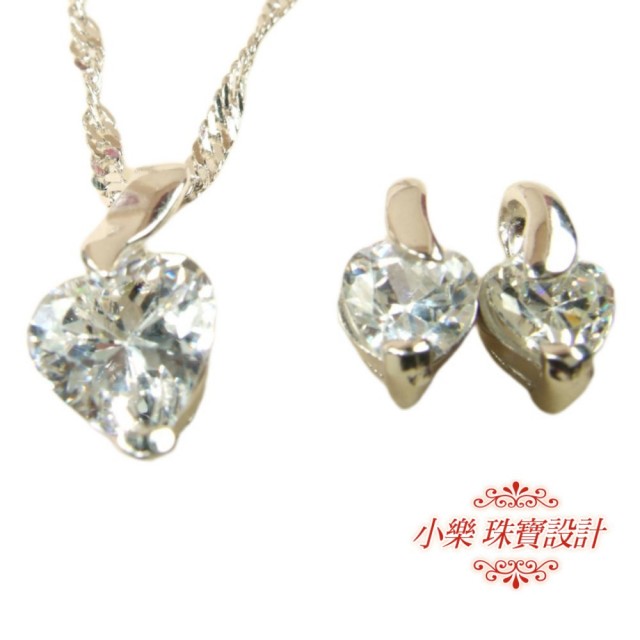 【小樂珠寶】925純銀套組套鍊項鍊耳針耳環(白鑽鋯石愛心款)