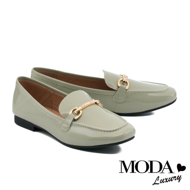 【MODA Luxury】韓系貝殼飾釦羊漆皮樂福低跟鞋(綠)
