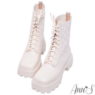 【Ann’S】流行回歸-襪套式菱格飛織綁帶厚底方頭軍靴5.5cm(米白)