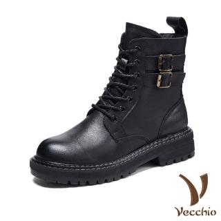 【Vecchio】真皮馬丁靴 牛皮馬丁靴/真皮頭層牛皮雙皮帶釦繫帶造型時尚馬丁靴(黑)