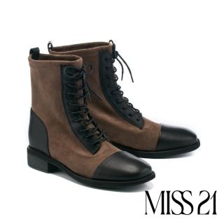 【MISS 21】內斂率性異材質拼接牛皮綁帶低跟短靴(咖)