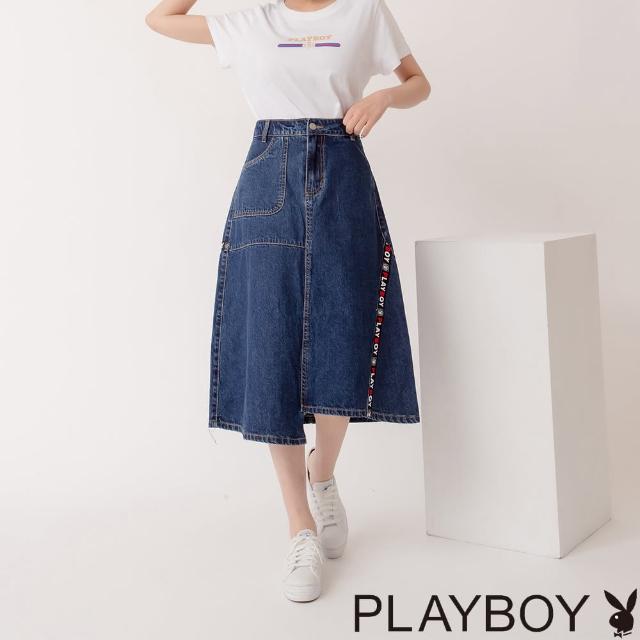 【PLAYBOY】LOGO織帶牛仔長裙(藍色)