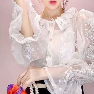 【BBHONEY】韓國夢幻蕾絲娃娃領 打底 透視網紗襯衫(網美必備款)