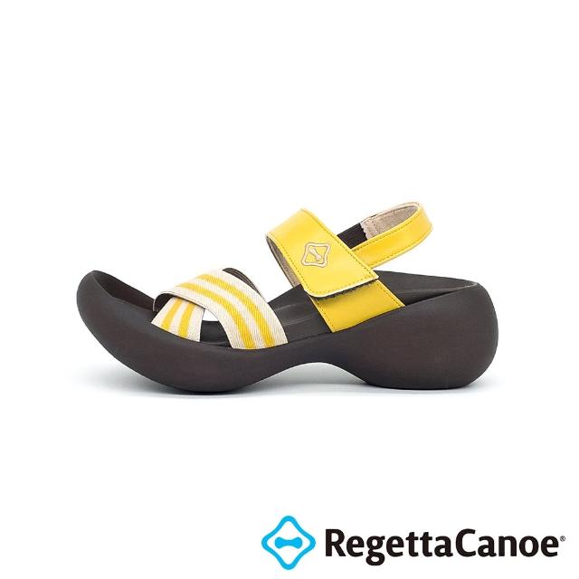【RegettaCanoe】交叉條紋 蛋形粗跟後帶涼鞋CJEG-5238W(MUS-芥末黃)
