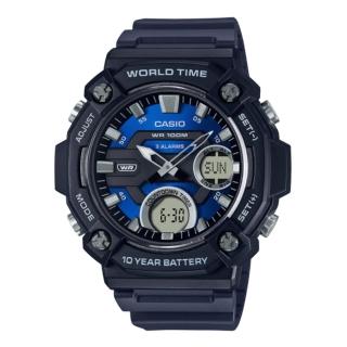 【CASIO 卡西歐】十年電力世界時間大錶徑休閒雙顯錶-藍(AEQ-120W-2A)