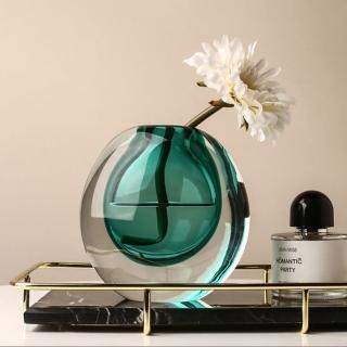 【JEN】現代創意簡約輕奢玻璃花瓶花器琉璃工藝品居家裝飾桌面擺飾(孔雀藍)