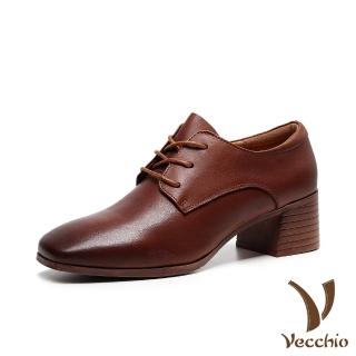 【Vecchio】真皮跟鞋 粗跟休閒鞋/真皮頭層牛皮方頭復古戲帶造型粗跟休閒鞋(棕)