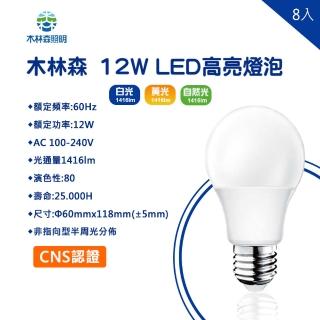 【木林森照明】LED 12W E27 廣角型 全電壓 白光 黃光 自然光 8入組(CNS認證 無藍光危害)