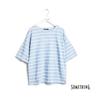 【SOMETHING】女裝 袖開襟條紋短袖T恤(漂淺藍)