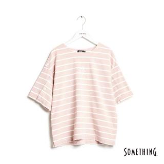 【SOMETHING】女裝 袖開襟條紋短袖T恤(珊瑚紅)