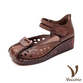 【Vecchio】真皮涼鞋 厚底涼鞋 坡跟涼鞋/全真皮頭層牛皮復古縷空手工縫線造型厚底坡跟涼鞋(棕)