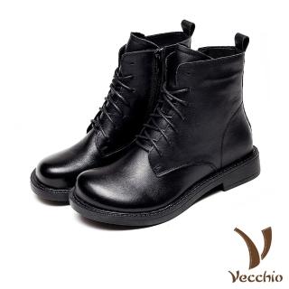 【Vecchio】真皮馬丁靴 低跟馬丁靴/全真皮頭層牛皮復古騎士風寬楦大頭低跟馬丁靴(黑)