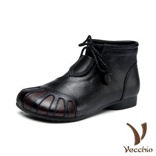 【Vecchio】真皮短靴 低跟短靴/真皮頭層牛皮復古撞色拼接抽繩綁帶造型低跟短靴(黑)