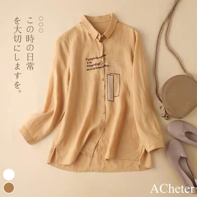 【ACheter】寬鬆大碼刺繡棉麻設計感襯衫上衣#111762現貨+預購(2色)