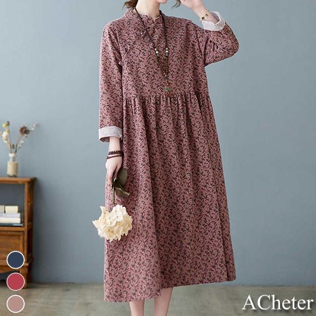 【ACheter】新款棉麻大碼文藝復古印花盤扣寬鬆洋裝#111682現貨+預購(3色)