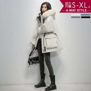 【Amay Style 艾美時尚】現貨 大衣 抗溫差 毛毛連帽中長版工裝外套。中大尺碼S-XL(2色)