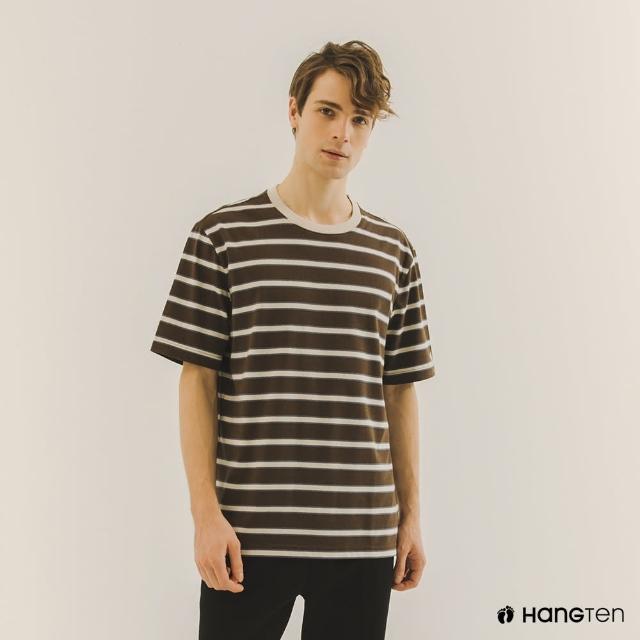 【Hang Ten】男裝-厚磅寬鬆環保纖維條紋T恤(咖啡)