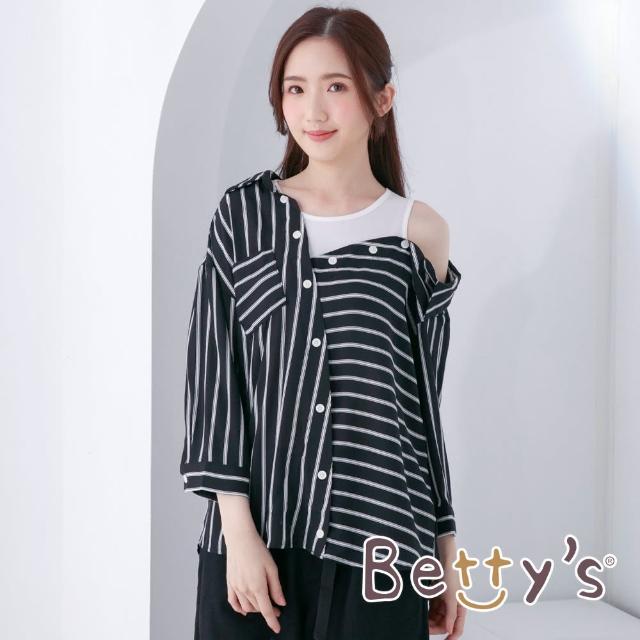 【betty’s 貝蒂思】不規則設計條紋雪紡襯衫(黑色)