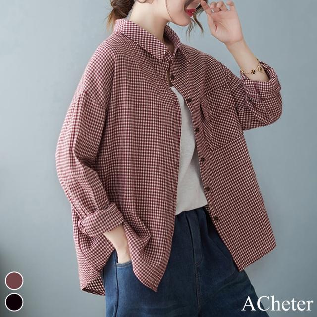 【ACheter】春新款文藝棉麻大碼寬鬆顯瘦格子襯衫#111808現貨+預購(2色)