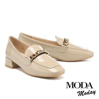 【MODA Luxury】韓系氣質鏈條全真皮方圓頭樂福低跟鞋(杏)