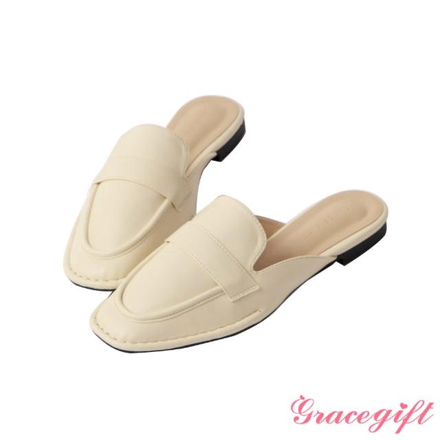 【Grace Gift】車線造型平底穆勒鞋(米白)