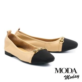 【MODA Luxury】精緻馬銜釦牛皮拼接小方頭低跟鞋(杏)