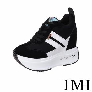 【HMH】厚底休閒鞋 內增高休閒鞋/運動風撞色線條拼接時尚厚底內增高個性運動鞋(黑)