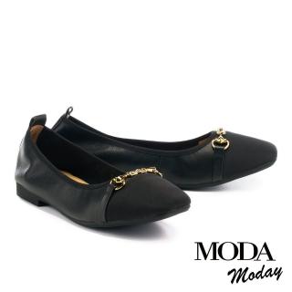 【MODA Luxury】精緻馬銜釦牛皮拼接小方頭低跟鞋(黑)