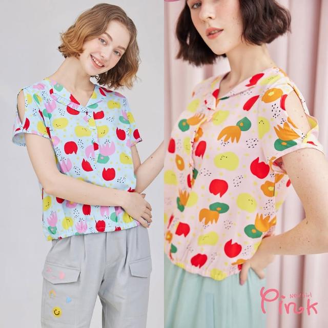 【PINK NEW GIRL】甜美造型領小露肩印花短袖上衣 L1207AQ(2色)