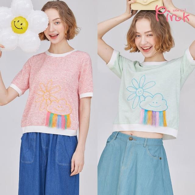 【PINK NEW GIRL】俏麗刺繡小花流蘇短袖上衣 L1307AQ(2色)