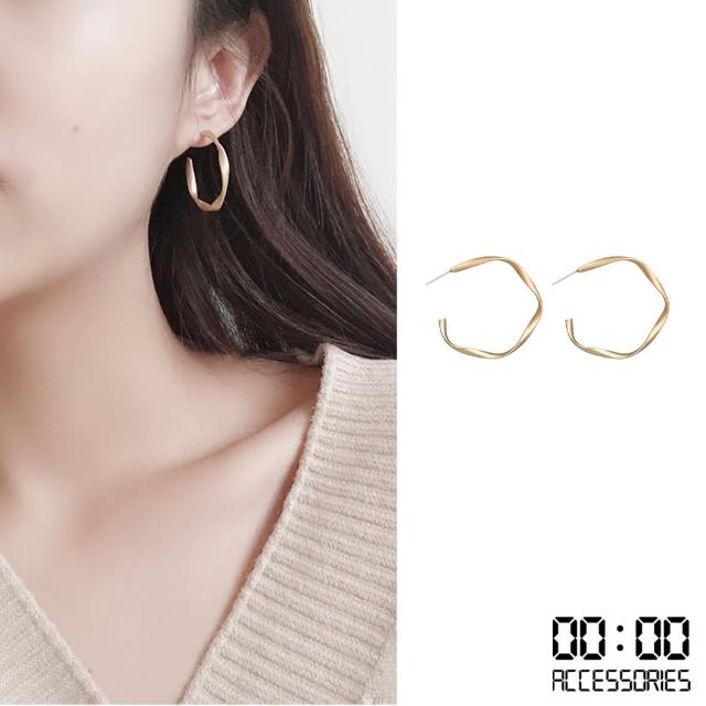 【00:00】韓國設計S925銀針極簡金屬風啞光霧面扭紋C圈耳環(925銀針耳環 C圈耳環 啞光耳環)