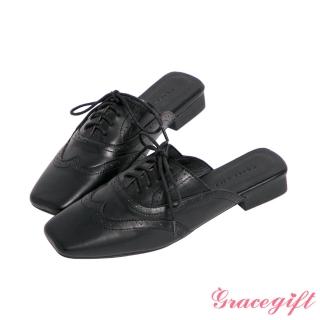 【Grace Gift】復古方頭低跟牛津穆勒鞋(黑)
