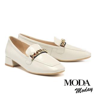 【MODA Luxury】韓系氣質鏈條全真皮方圓頭樂福低跟鞋(米白)
