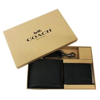 【COACH】男款8卡活動證件夾短夾附鑰匙圈禮盒(黑)