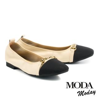 【MODA Luxury】精緻馬銜釦牛皮拼接小方頭低跟鞋(白)